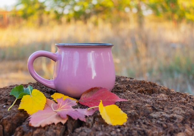 Tazza rosa con un drink e foglie d'autunno su un vecchio tavolo di legno in giardino