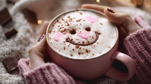 tazza rosa di caffè con pezzi di cioccolato e una faccia sorridente sulla schiuma nelle mani in un maglione a maglia rosa su un tavolo di legno in un'atmosfera accogliente il concetto di accoglienza colazione giorno cioccolata