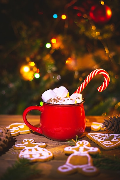 Tazza rossa con cacao e marshmallow. Pan di zenzero fatto in casa. Decorazioni natalizie tradizionali.