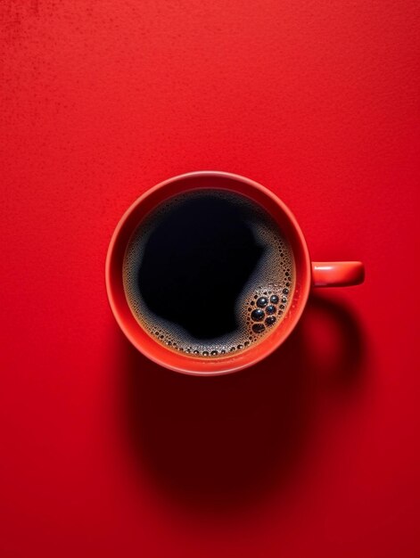 Tazza rossa con caffè aromatico sulla vista superiore del fondo nero