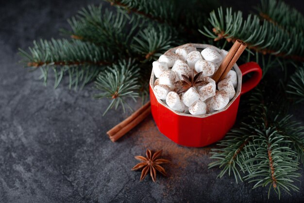 Tazza rossa con cioccolata calda o cacao o caffè decorare marshmallow e cannella sul tavolo nero