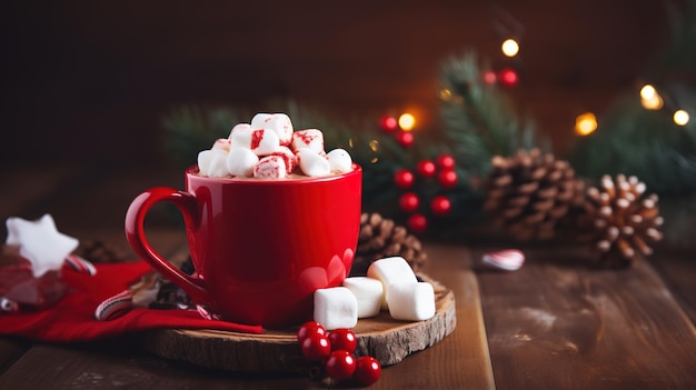 Tazza rossa di cioccolata calda con marshmallow su un tavolo di legno con spezie natalizie