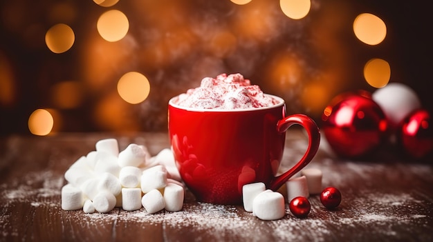 Tazza rossa di cioccolata calda con marshmallow su un tavolo di legno con spezie natalizie