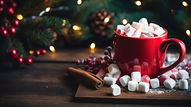 tazza rossa di cioccolata calda con marshmallow su un tavolo di legno con spezie natalizie