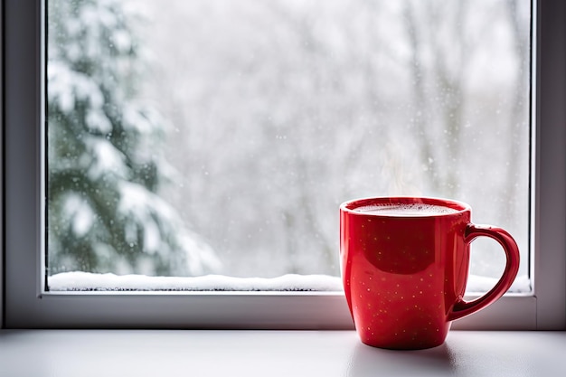 Tazza rossa sullo sfondo della finestra piovosa Tazza rossa sullo sfondo del davanzale della finestra Tazza di caffè caldo con spazio per copiare il testo Illustrazione AI generativa