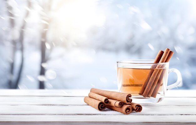 tazza trasparente di tè e bastoncini di cannella su un tavolo di legno