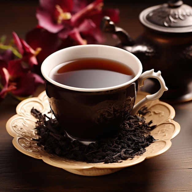 Tazza trasparente di vetro di tè nero e tè secco in sacchetti sullo sfondo di foglie di tè sparse