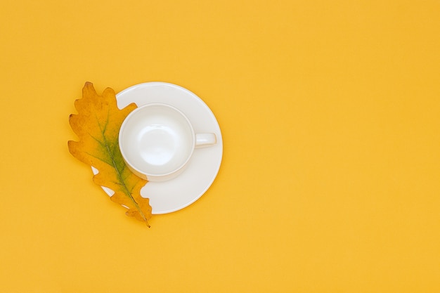 Tazza vuota bianca con piattino e foglia di quercia autunnale su sfondo giallo.