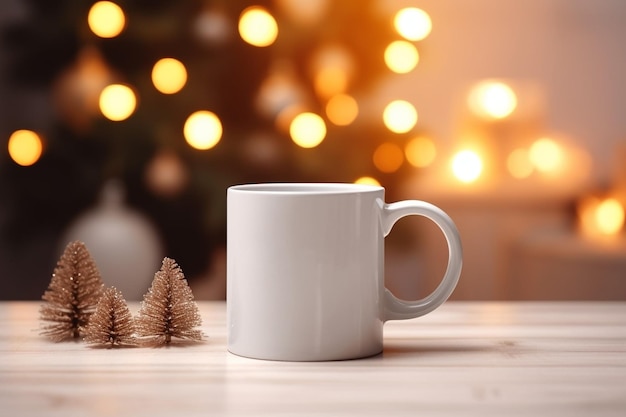 Tazze da caffè in carta artigianale su un tavolo di legno Il concetto di caffè natalizio con decorazioni IA generativa