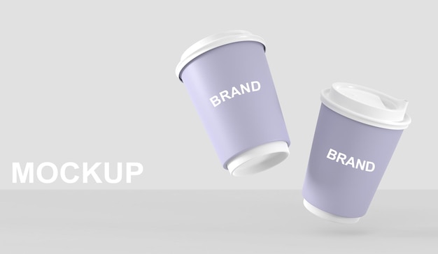 Tazze da caffè viola 3D con coperchi chiusi Design di imballaggio mockup per il branding Tazze di plastica o di carta vuote per bevande calde da asporto tazze da tè usa e getta isolate su sfondo bianco set di rendering 3d