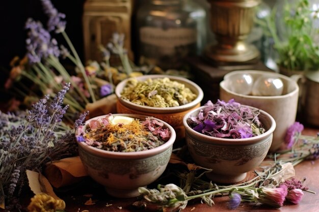 Tazze da tè piene di fiori secchi aromatici ed erbe create con l'IA generativa