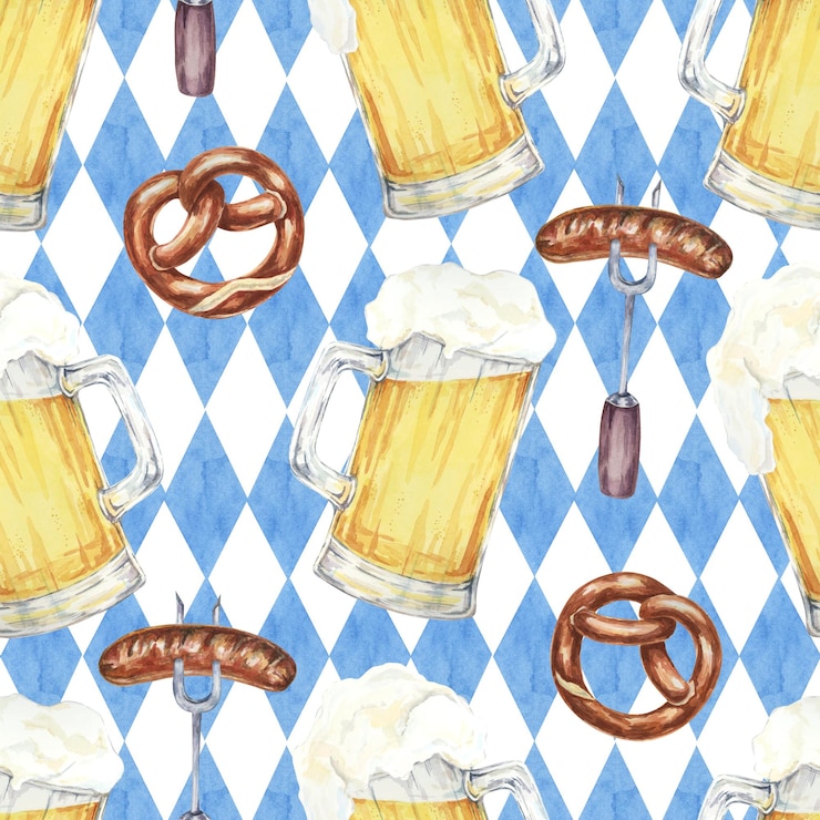 Foto tazze di birra pretzel e salsicce sullo sfondo della bandiera bavarese modello senza cuciture acquerello ideale per forniture per feste inviti per eventi