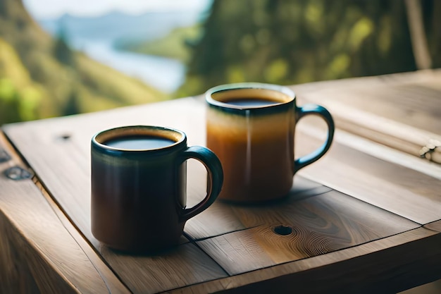 tazze di caffè su un tavolo con la vista dell'oceano sullo sfondo.