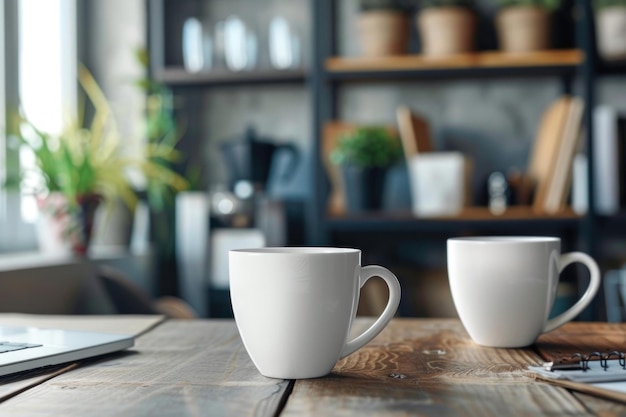 tazze di caffè sul tavolo dell'ufficio con persone che incontrano lo sfondo