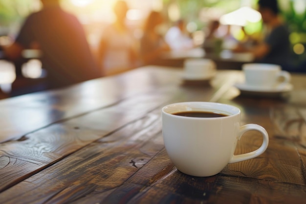 tazze di caffè sul tavolo dell'ufficio con persone che incontrano lo sfondo