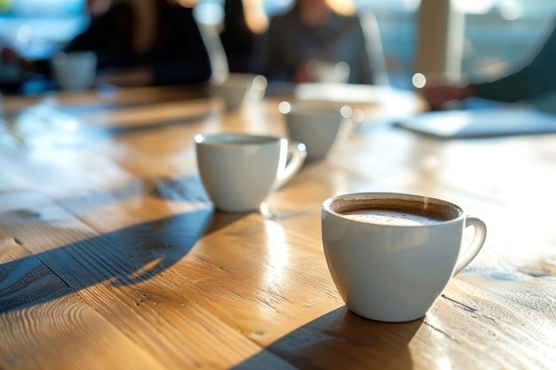 tazze di caffè sul tavolo dell'ufficio con persone che incontrano lo sfondo