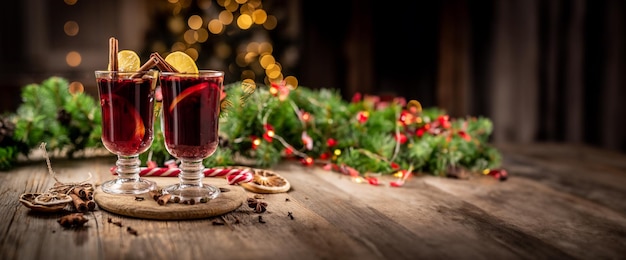 Tazze di vetro con vin brulé aromatico rosso in piedi su piatto di legno su sfondo di decorazioni natalizie