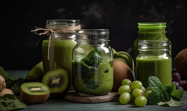 Tazze in vaso di vetro con frullato di salute verde concetto di cibo alcalino vegetariano AI generativo