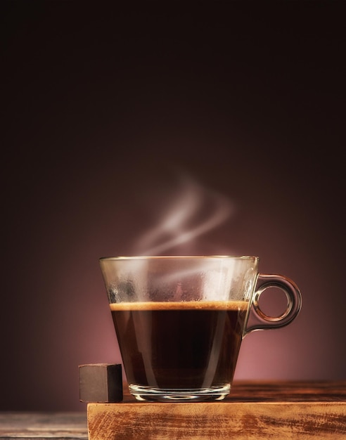 Tazzina di caffè espresso con vapore e cioccolato
