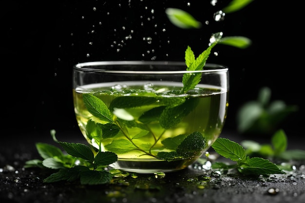 Tè a base di erbe con foglie di menta verde fresca e gocce d'acqua su sfondo scuro Promozione commerciale