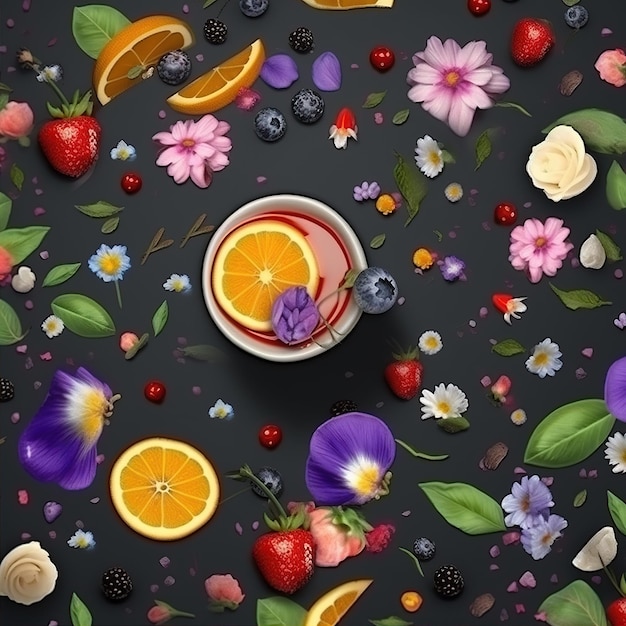 tè a foglia con spruzzate di fiori e frutta