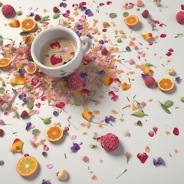 tè a foglia con spruzzate di fiori e frutta