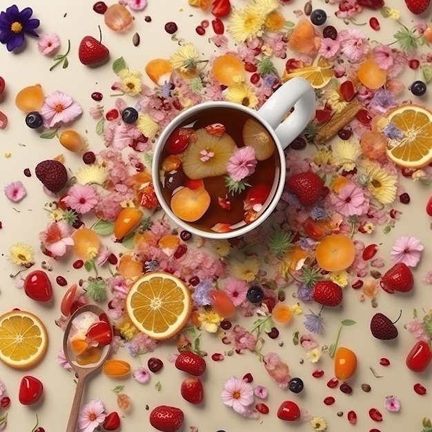 tè a foglia con spruzzate di fiori e frutta