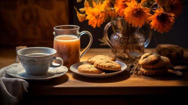 Tè accogliente all'ora d'oro con biscotti