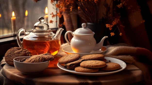 Tè accogliente all'ora d'oro con biscotti