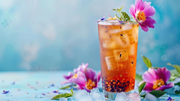 Tè al fiore della passione in una tazza di vetro su un tavolo con sfondo blu bokeh