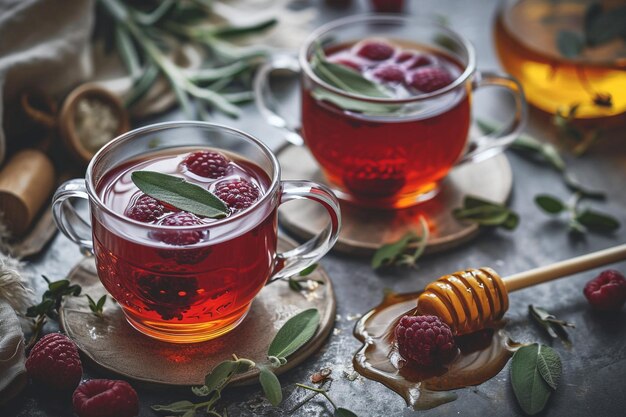 Tè al lampone caldo con salvia e miele in una tazza di vetro vista superiore