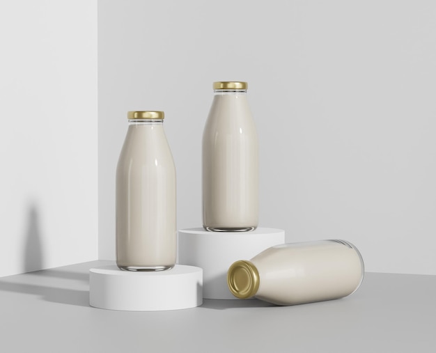 Tè al latte in una bottiglia di vetro trasparente, una bottiglia di vetro di latte mockup, rendering 3d, modellazione 3d