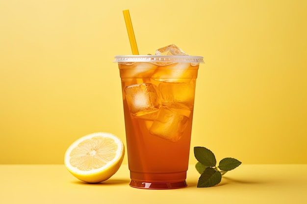 Tè al limone ghiacciato su vetro da asporto in plastica
