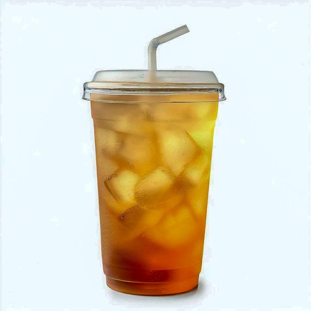Tè al limone ghiacciato su vetro di plastica da asporto isolato su sfondo bianco