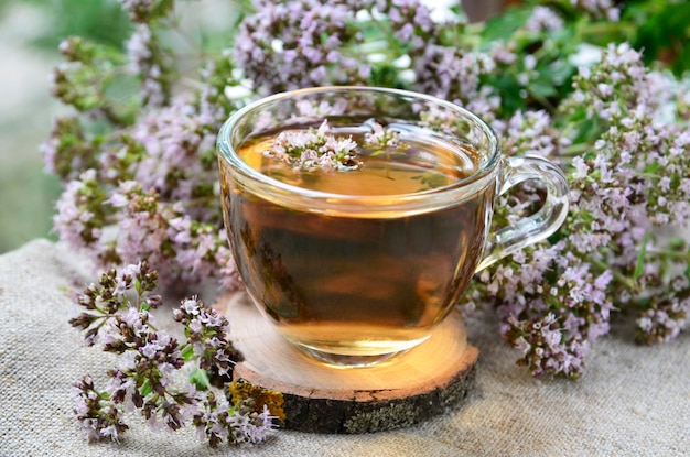Tè all'origano in una tazza di vetro con ramoscelli di erbe fresche in fiore su uno sfondo di legno Bevanda salutare