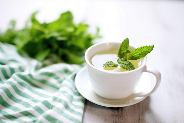 Tè alla menta piperita in tazza con panno bianco fascio di menta fresca