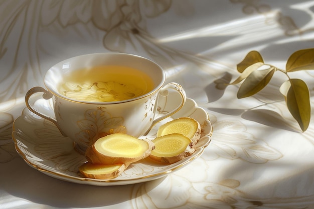Tè allo zenzero in tazza di ceramica con radice di zenzero su uno sfondo luminoso soleggiato AI generativa