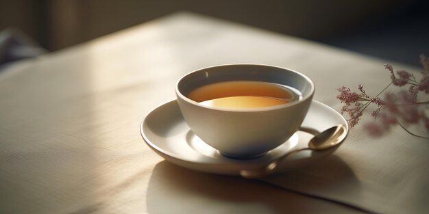 Tè appena preparato in tazza sul tavolo