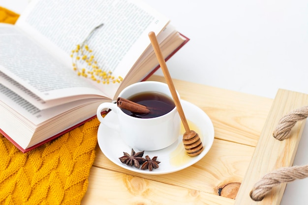 Tè caldo aromatico alla cannella ricoperto da una sciarpa calda su uno sfondo autunnale in legno. mestolo di miele con miele. comodo leggere un libro