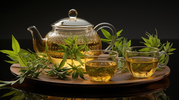 Tè caldo in teiera di vetro e tazze di vetro con foglie fresche con vapore naturale su sfondo bianco