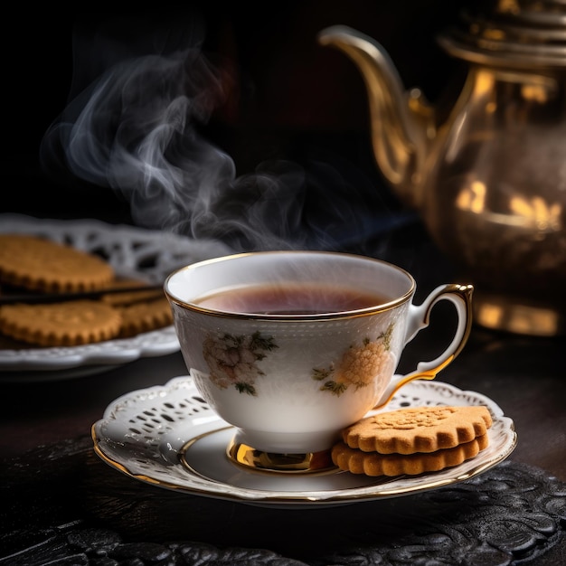 Tè caldo in una tazza con vapore su un tavolo di legno Biscotti sul bordo IA generativa