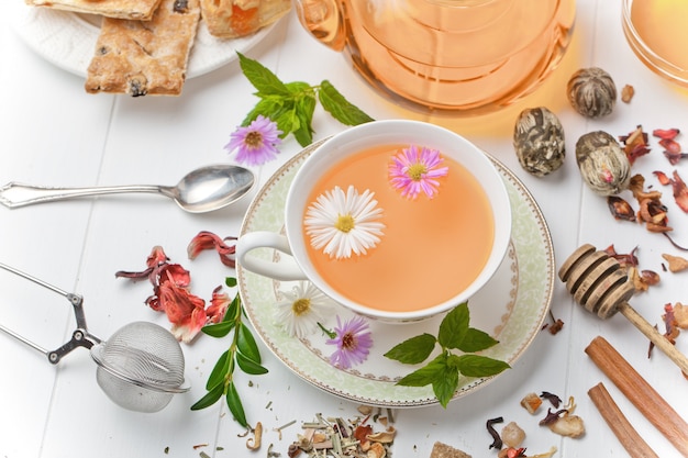 Tè caldo in una tazza su uno sfondo bianco.