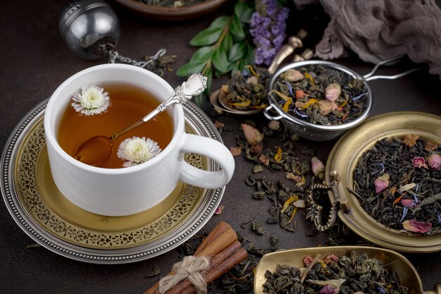 Tè caldo in una tazza su uno sfondo vecchio