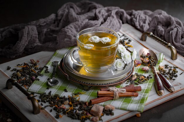 Tè caldo in una tazza su uno sfondo vecchio.