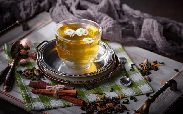 Tè caldo in una tazza su uno sfondo vecchio