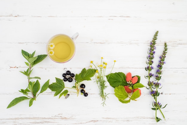 Tè caldo su uno sfondo bianco in legno, gli ingredienti per la preparazione di tisane naturali