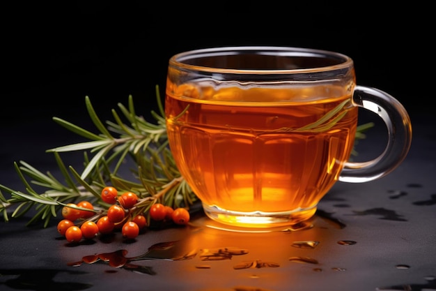 Tè con bacche di olivello spinoso su sfondo scuro Tisana alle erbe vitaminiche
