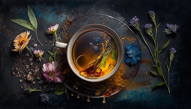 Tè con erbe e fiori in una tazza vista dall'alto IA generativa