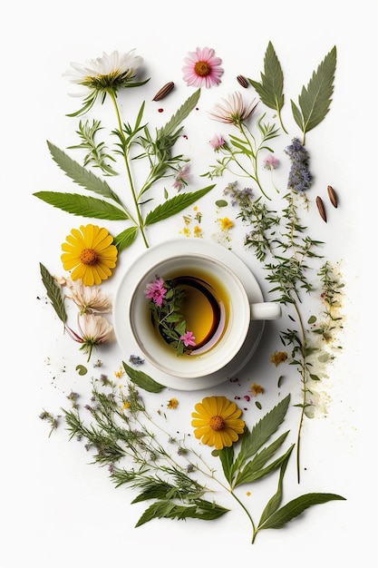 Tè con erbe e fiori in una tazza vista dall'alto IA generativa