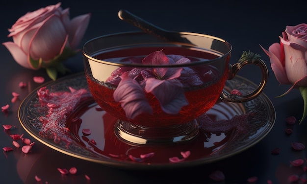Tè con petali di rosa sul tavolo